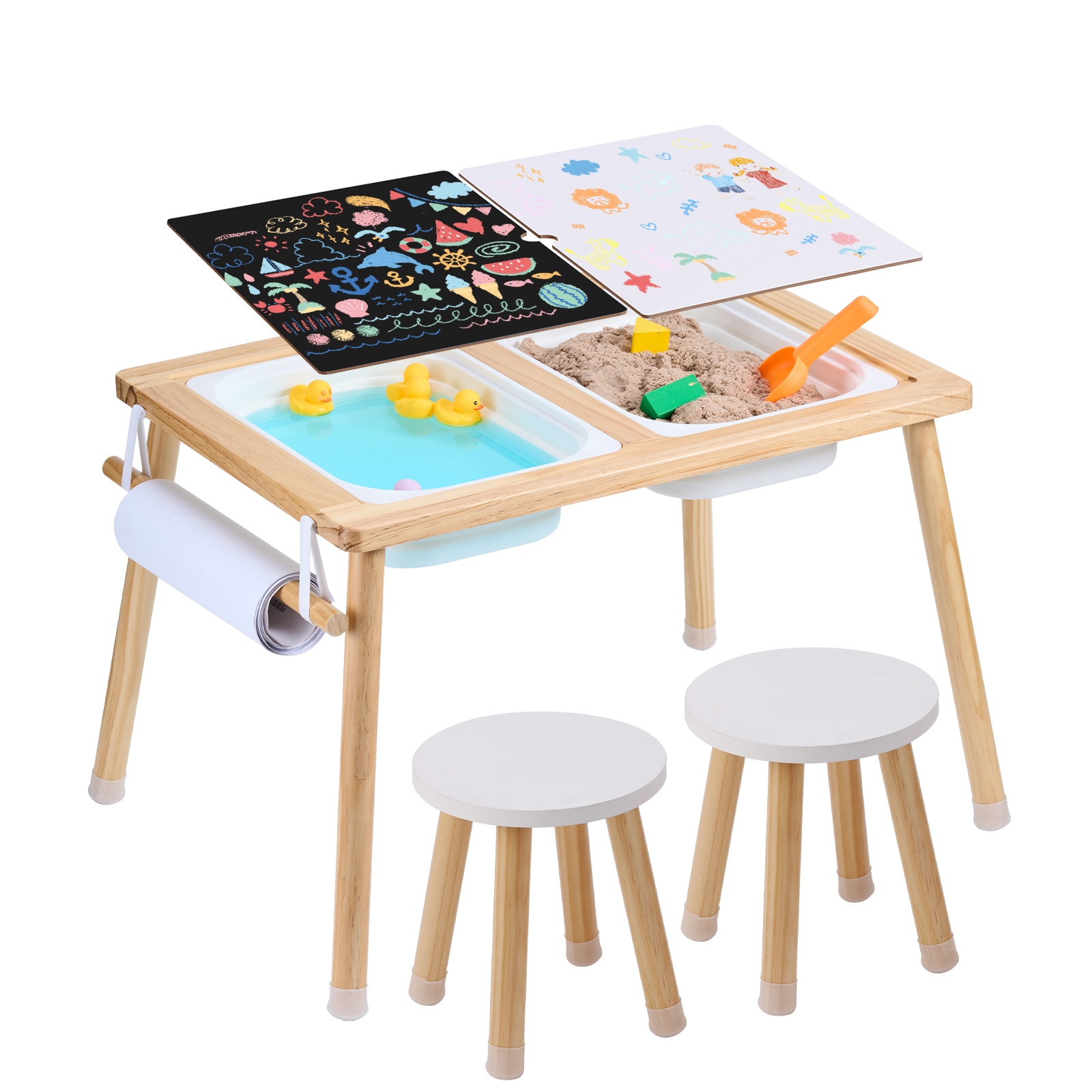 Sensory Table And Chairs Set, Toddlers Activity Table With 2 Stools, 2 Storage Bins & Paper Roll Holder, Indoor/Outdoor Play Sand And Water Table, Wooden Kids Sensory Table - Gift For Boys Girls_voghion.com